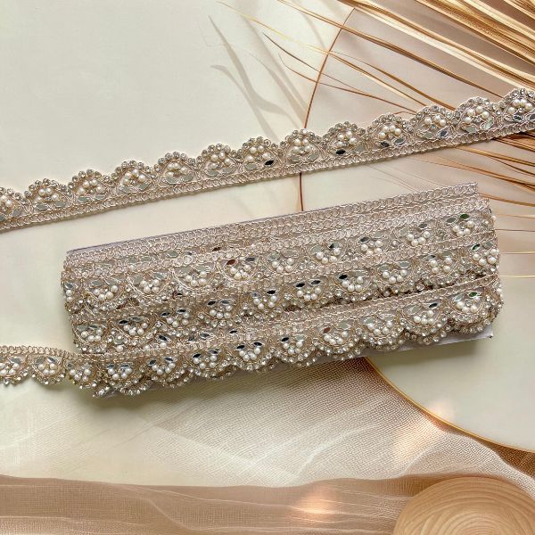 ZariWork 1 Inch Rose Gold Handwork Pearl Mirror Lace