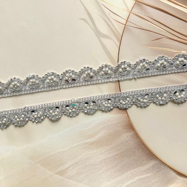 ZariWork 1 Inch Silver Handwork Pearl Mirror Laces