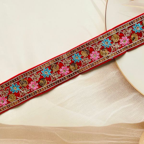 ZariWork 2 Inch Red Velvet Sequence Lace Border