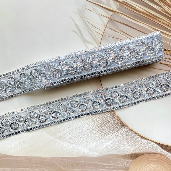 ZariWork 2 Inch Flower Design Silver Sequence Lace