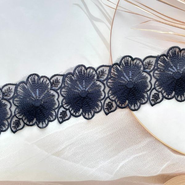 3 Inch Black Flower Design Sequence Lace Border Size