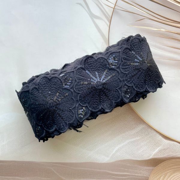 3 Inch Black Flower Design Sequence Lace Border